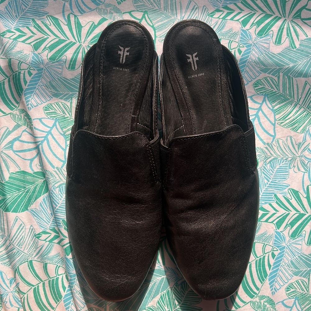 Frye Terri Gore Black Soft Leather Mule Pointed Toe Flat Slide